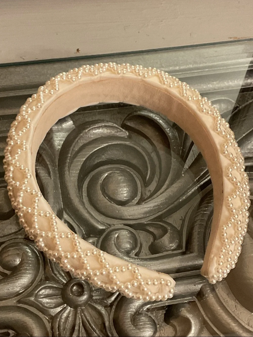 Pearl Embellished Beaded Padded Headband Off White Bridal Fancy